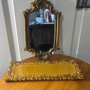 Vintage Gold Ornate Mirror and Tray Set